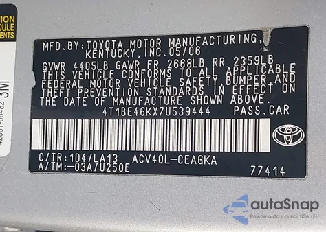 2007 Toyota Camry Xle из США, поврежденный, VIN 4T1BE46KX7U539444